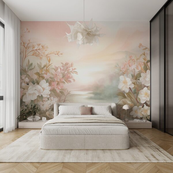 Carta da parati Un paesaggio con un fiume circondato da fiori e piante, colori tenui, cielo rosa, stile, Carta da parati Floreale, w09537 : Uwalls.it