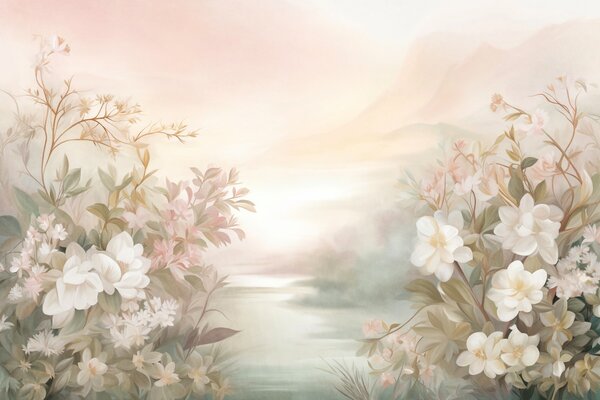 Carta da parati Un paesaggio con un fiume circondato da fiori e piante, colori tenui, cielo rosa, stile, Carta da parati Floreale, w09537 : Uwalls.it