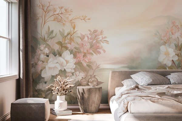 Carta da parati Un paesaggio con un fiume circondato da fiori e piante, colori tenui, cielo rosa, stile, Carta da parati Floreale, w09537 : Uwalls.it