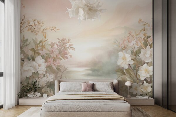 Carta da parati Un paesaggio con un fiume circondato da fiori e piante, colori tenui, cielo rosa, stile, Carta da parati Floreale, w09537 : Uwalls.it