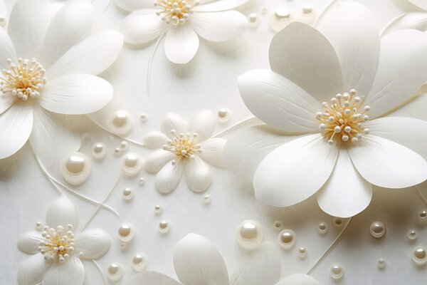 Carta da parati Fiori bianchi con perle sparse su sfondo bianco, design elegante e minimalista, texture, Carta da parati Floreale, w09535 : Uwalls.it