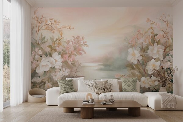 Carta da parati Un paesaggio con un fiume circondato da fiori e piante, colori tenui, cielo rosa, stile, Carta da parati Floreale, w09537 : Uwalls.it