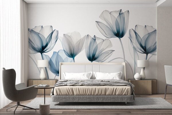 Carta da parati Fiori di tulipano blu e bianchi traslucidi con steli lunghi, su sfondo chiaro, arte, Carta da parati Floreale, w09538 : Uwalls.it