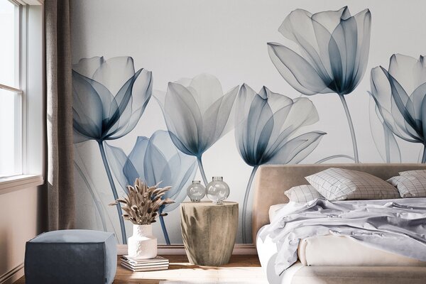 Carta da parati Fiori di tulipano blu e bianchi traslucidi con steli lunghi, su sfondo chiaro, arte, Carta da parati Floreale, w09538 : Uwalls.it