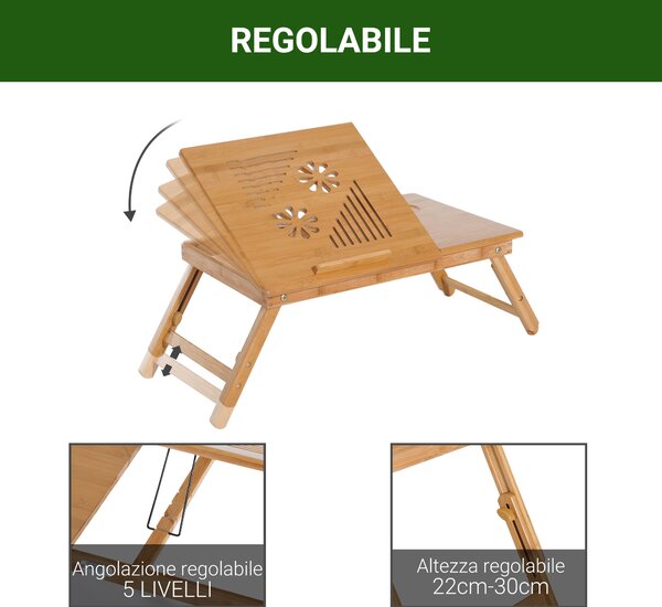 Homcom Tavolino da Letto per PC Portatile con Sistema di Raffreddamento in Bambù, 55x35x22-30cm|Aosom