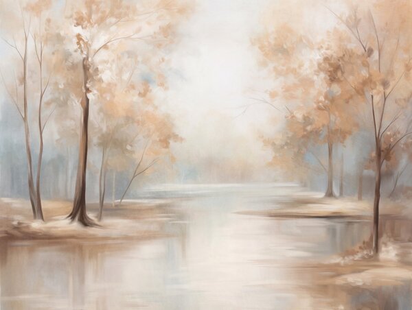 Carta da parati Paesaggio autunnale con alberi e un fiume, colori tenui, atmosfera leggera e ariosa,, Carta da parati Natura, w09541 : Uwalls.it
