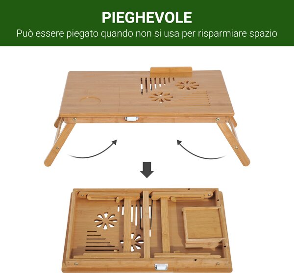 Homcom Tavolino da Letto per PC Portatile con Sistema di Raffreddamento in Bambù, 55x35x22-30cm|Aosom