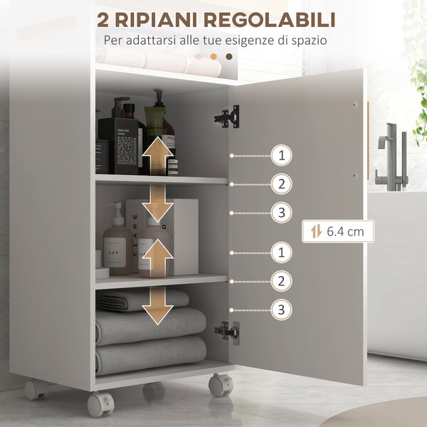 Kleankin Armadietto Bagno con Anta, Vassoio Superiore Rimovibile, 4 Ruote e Ripiani Interni Regolabili, in Legno, 40x30x88cm, Bianco | Aosom