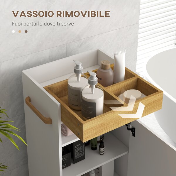 Kleankin Armadietto Bagno con Anta, Vassoio Superiore Rimovibile, 4 Ruote e Ripiani Interni Regolabili, in Legno, 40x30x88cm, Bianco | Aosom