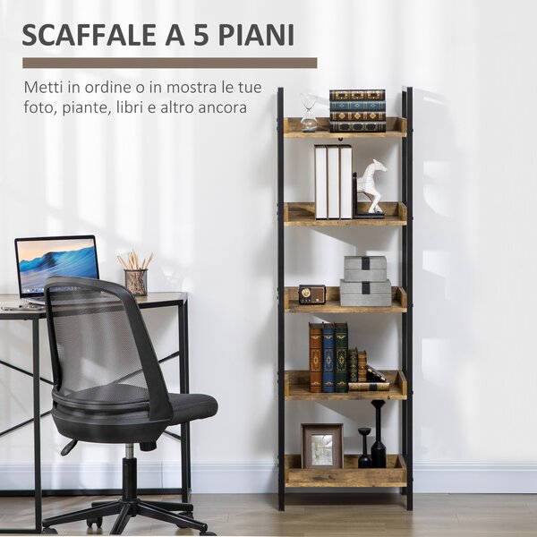 HOMCOM Libreria Stile Industriale a 5 Ripiani in Legno e Metallo, 48x30x155cm, Marrone Rustico