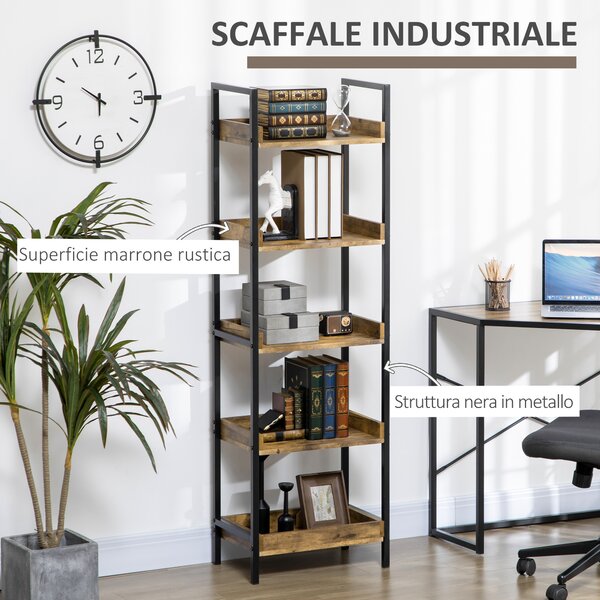 HOMCOM Libreria Stile Industriale a 5 Ripiani in Legno e Metallo, 48x30x155cm, Marrone Rustico