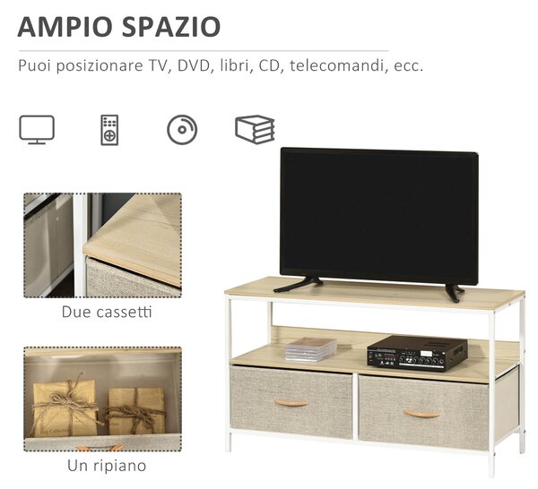 HOMCOM Mobile Porta TV da 47" con Cassetti Pieghevoli in Tessuto e Mensola in Metallo e MDF, 98x29x56cm, Colore Legno