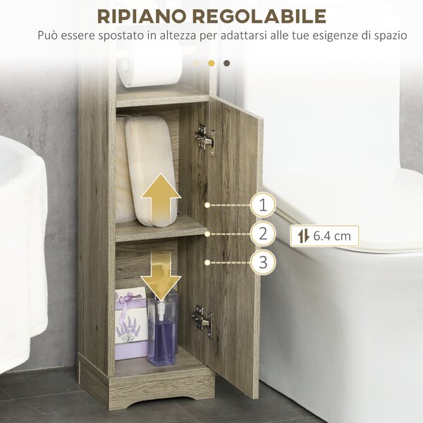 Kleankin Mobile Bagno moderno in Truciolato con 2Ripiani in3 posizioni e Armadietto a 2 livelli, incluso Portarotolo, 23x18x100cm, Grigio|Aosom Italy