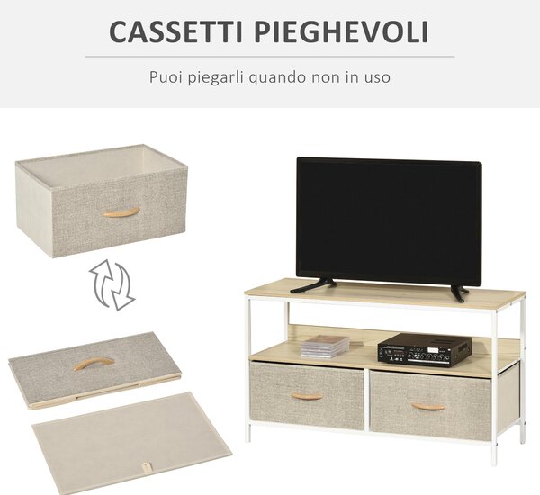 HOMCOM Mobile Porta TV da 47" con Cassetti Pieghevoli in Tessuto e Mensola in Metallo e MDF, 98x29x56cm, Colore Legno