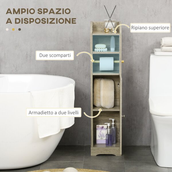 Kleankin Mobile Bagno moderno in Truciolato con 2Ripiani in3 posizioni e Armadietto a 2 livelli, incluso Portarotolo, 23x18x100cm, Grigio|Aosom Italy