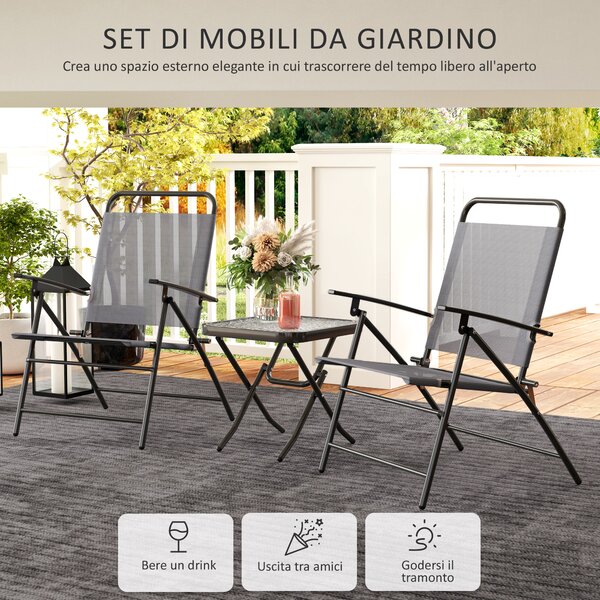 Outsunny Set da Giardino con Tavolo con Piano in Vetro e 2 Sedie Pieghevoli con Schienale Regolabile, Grigio