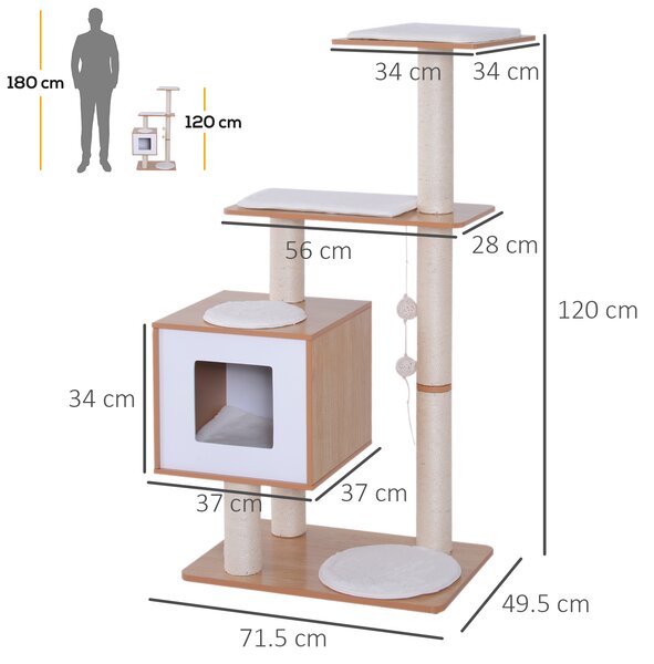 PawHut Albero Tiragraffi per Gatto Trespolo per gatti in Sisal con Cuccia, Piattaforme e Giochi, 60x40x120 cm legno, bianco |Aosom