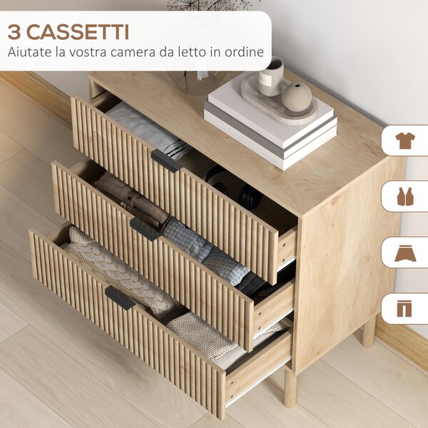 HOMCOM Cassettiera 3 Cassetti in Legno per Camera e Ingresso Stile Nordico, 80x40x77.5 cm, Rovere