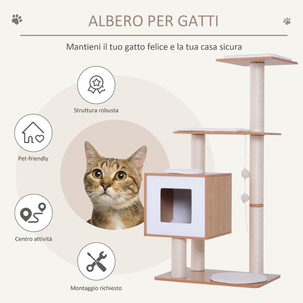 PawHut Albero Tiragraffi per Gatto Trespolo per gatti in Sisal con Cuccia, Piattaforme e Giochi, 60x40x120 cm legno, bianco |Aosom