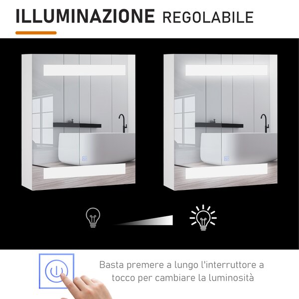 Mobile da bagno con specchio, design moderno con luci a LED, 3 Ripiani Interni e Cerniere ammortizzate, 60 x 50 x 15cm, Bianco| Aosom Italy