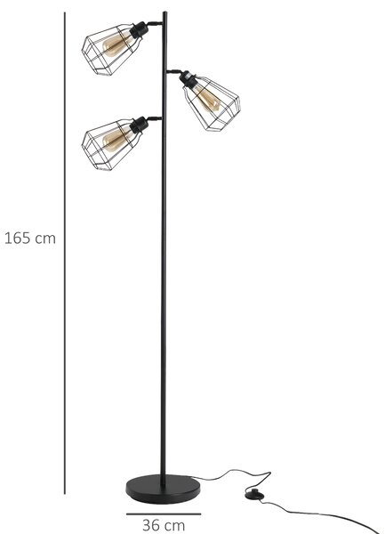 HOMCOM Lampada da terra a forma di ramo con 3 paralume regolabile base in acciaio per soggiorno Camera da letto Ufficio nero Ф36 x 165cm