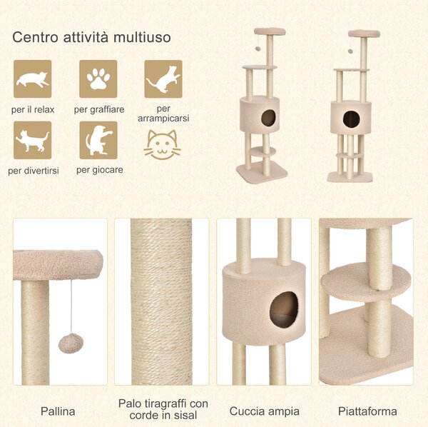 PawHut Albero Tiragraffi per Gatti a 5 livelli Multi-attività Morbido con Cuccia Palla Sospesa in Sisal Peluche Beige|Aosom