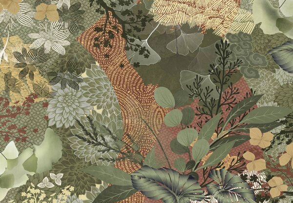 Carta da parati Collage astratto con elementi botanici, foglie, fiori e texture organiche, nei toni del, Carta da parati Natura, w09545 : Uwalls.it