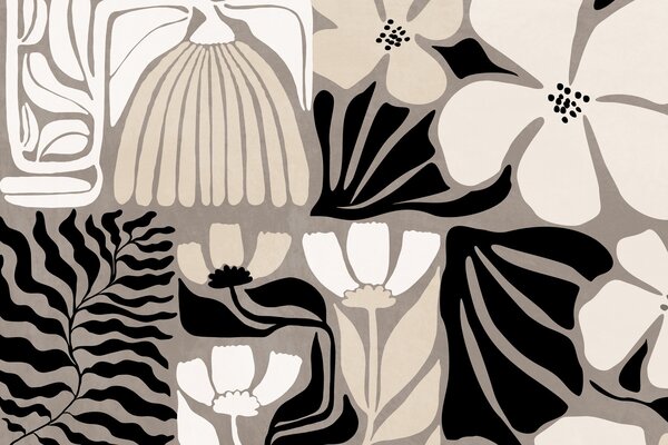 Carta da parati Fiori e foglie stilizzati in stile minimalista moderno nei colori beige, nero e bianco,, Carta da parati Floreale, w09547 : Uwalls.it