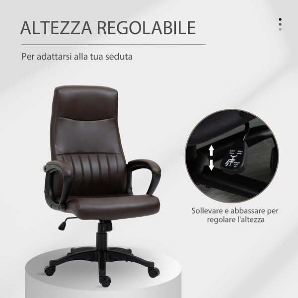 Vinsetto Sedia da Ufficio Ergonomica, Sedia Girevole con Schienale Alto e Dondolo, Altezza Regolabile e Ruote, 61.5x66x113-123cm, Marrone