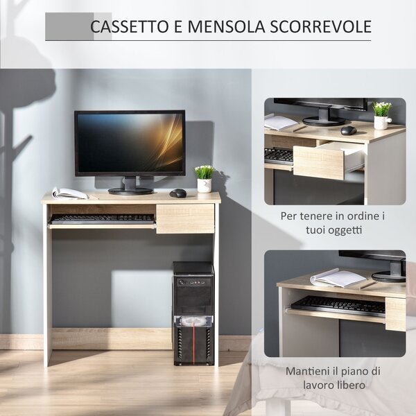 HOMCOM Scrivania per Camera, Scrivania PC in Legno, Scrivania per Computer con Ripiano Tastiera, Bianca e Rovere|Aosom