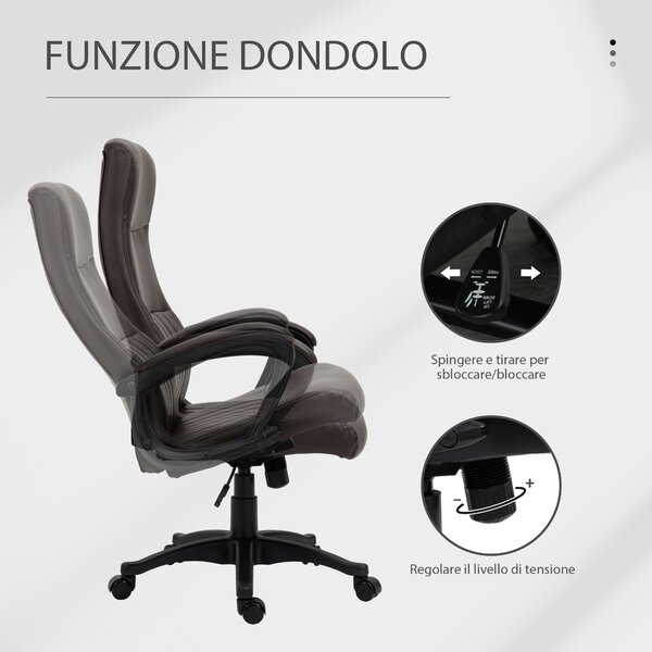 Vinsetto Sedia da Ufficio Ergonomica, Sedia Girevole con Schienale Alto e Dondolo, Altezza Regolabile e Ruote, 61.5x66x113-123cm, Marrone