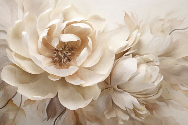Carta da parati Peonie dalla consistenza cremosa con centro marrone e foglie su uno sfondo astratto, Carta da parati Floreale, w09554 : Uwalls.it