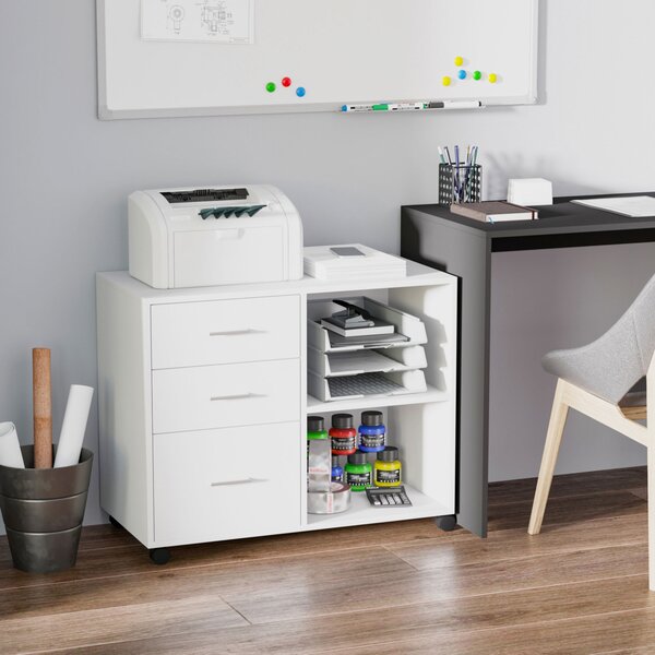 HOMCOM Mobile Porta Stampante con 3 Cassetti in Legno, Mobile Ufficio Multiuso con 4 Ruote e Ripiani Aperti, 80x40x65cm, Bianco|Aosom