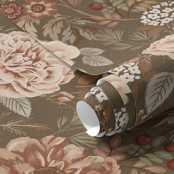 Carta da parati Rose e bacche dai colori caldi su sfondo marrone, Parati fiori e piante classici, a00868 : Uwalls.it