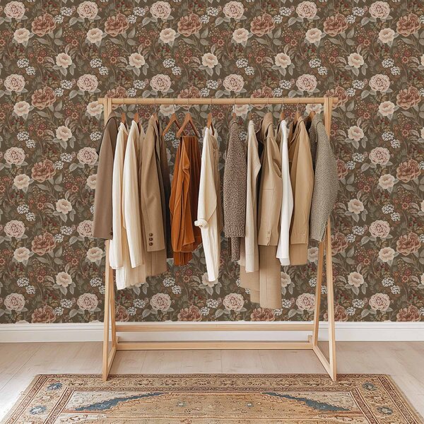 Carta da parati Rose e bacche dai colori caldi su sfondo marrone, Parati fiori e piante classici, a00868 : Uwalls.it