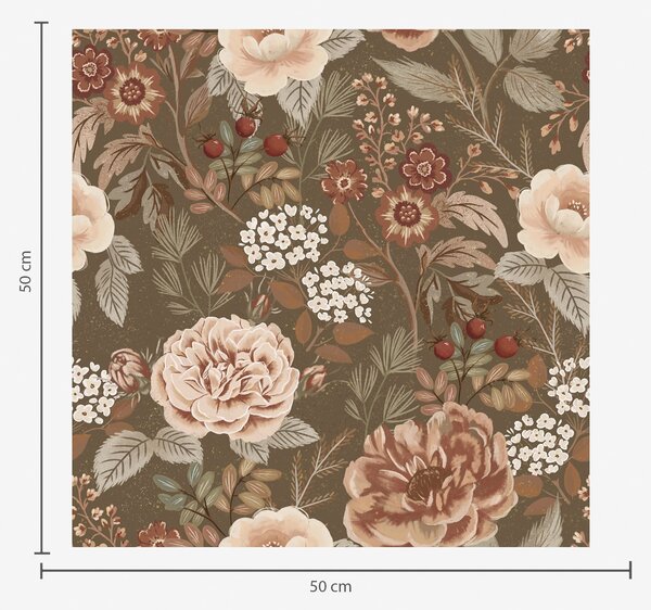 Carta da parati Rose e bacche dai colori caldi su sfondo marrone, Parati fiori e piante classici, a00868 : Uwalls.it