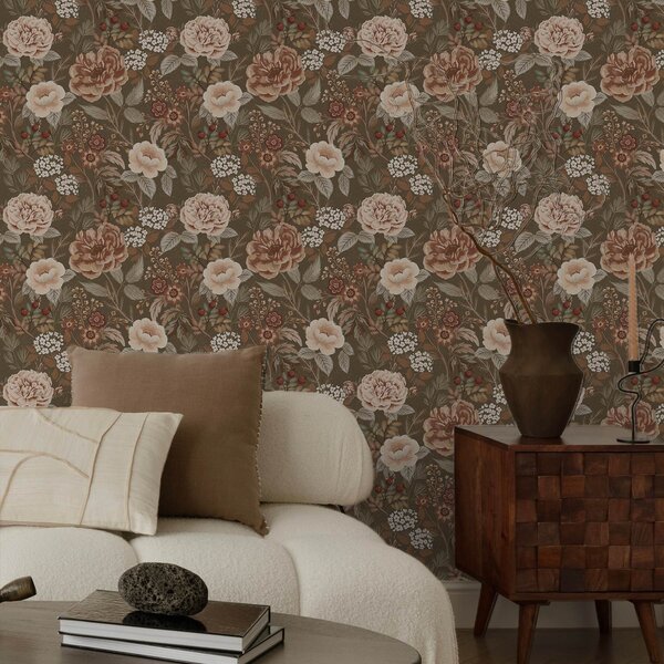 Carta da parati Rose e bacche dai colori caldi su sfondo marrone, Parati fiori e piante classici, a00868 : Uwalls.it