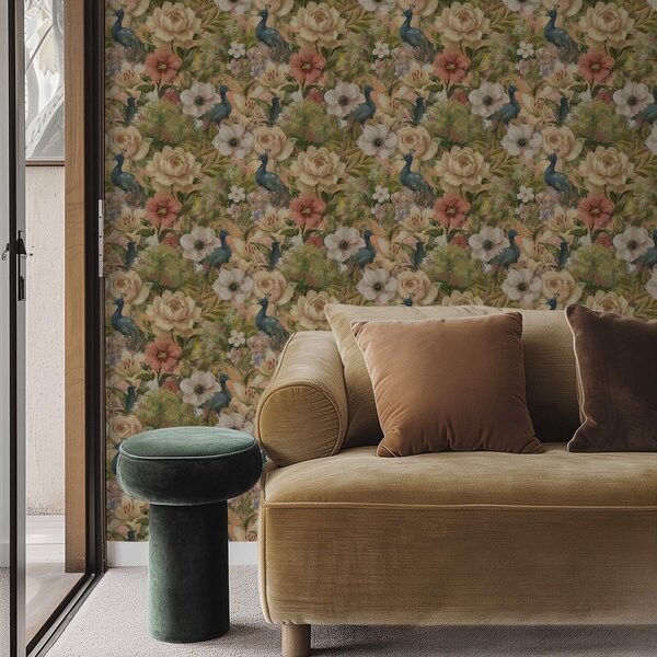 Carta da parati Giardino pittoresco con pavoni e fiori grandi, Parati fiori e piante classici, a00885 : Uwalls.it