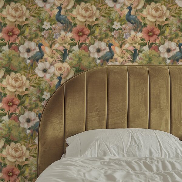 Carta da parati Giardino pittoresco con pavoni e fiori grandi, Parati fiori e piante classici, a00885 : Uwalls.it