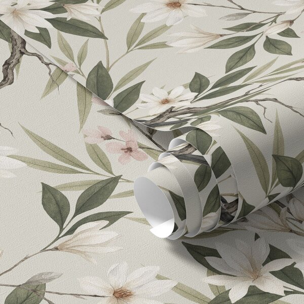 Carta da parati Cardellini dal petto bianco su rami con fiori color crema, Parati fiori e piante classici, a00889 : Uwalls.it