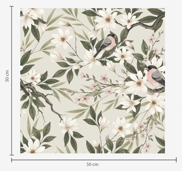 Carta da parati Cardellini dal petto bianco su rami con fiori color crema, Parati fiori e piante classici, a00889 : Uwalls.it