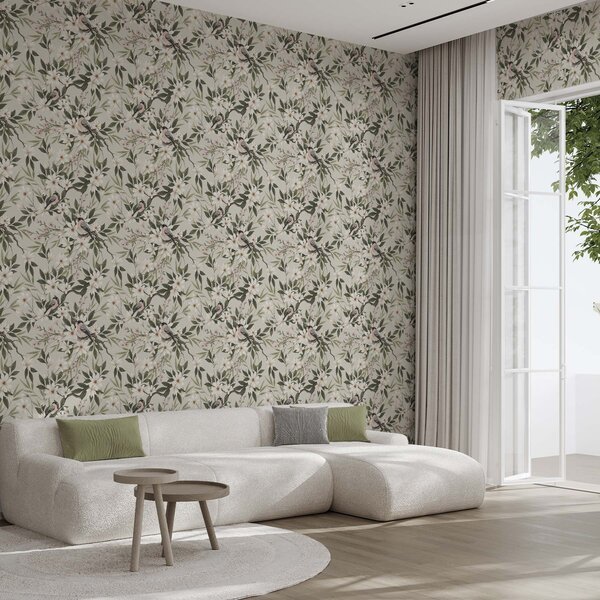 Carta da parati Cardellini dal petto bianco su rami con fiori color crema, Parati fiori e piante classici, a00889 : Uwalls.it