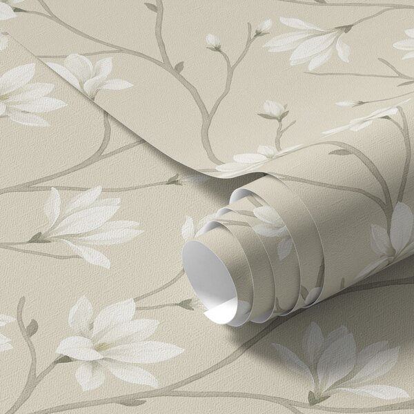Carta da parati Magnolie leggere su sottili rami beige, Parati fiori e piante classici, a00890 : Uwalls.it