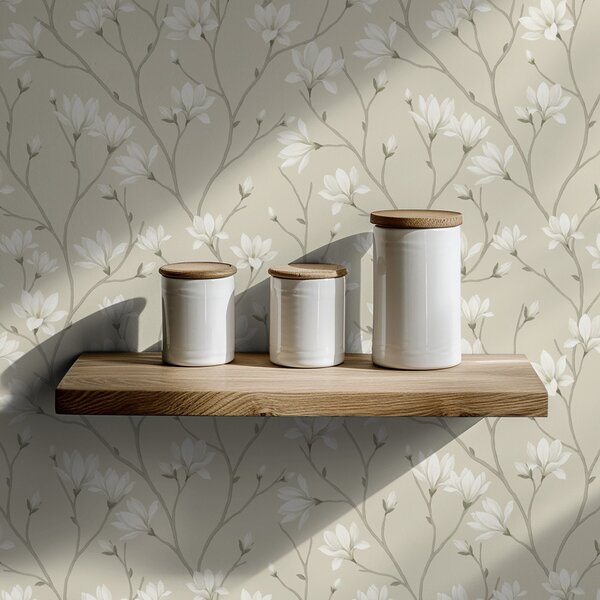 Carta da parati Magnolie leggere su sottili rami beige, Parati fiori e piante classici, a00890 : Uwalls.it
