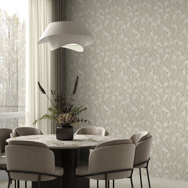 Carta da parati Magnolie leggere su sottili rami beige, Parati fiori e piante classici, a00890 : Uwalls.it