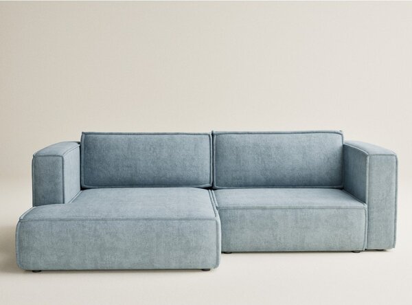 Divano angolare azzurro allungabile/con contenitore (con penisola a sinistra/con chaise lounge) con rivestimento in ciniglia Velto – Maison de Rêve