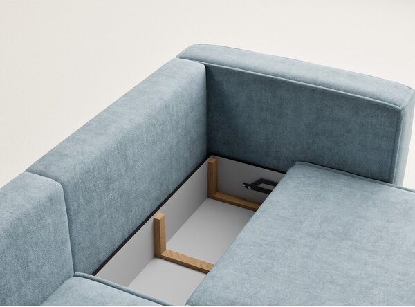 Divano angolare azzurro allungabile/con contenitore (con penisola a sinistra/con chaise lounge) con rivestimento in ciniglia Velto – Maison de Rêve