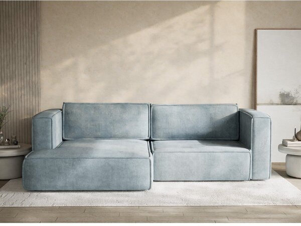 Divano angolare azzurro allungabile/con contenitore (con penisola a sinistra/con chaise lounge) con rivestimento in ciniglia Velto – Maison de Rêve