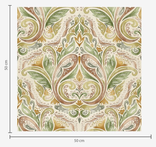 Carta da parati Acquerello con volute fogliate nei toni del verde e dell'ocra caldo, Parati stile asiatico classici, a00927 : Uwalls.it