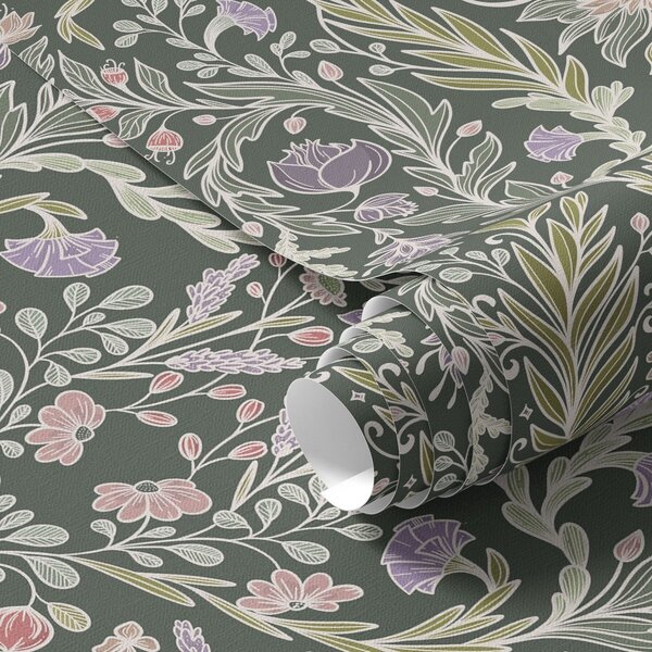 Carta da parati Ornamento floreale simmetrico su sfondo verde scuro, Parati fiori e piante classici, a00928 : Uwalls.it